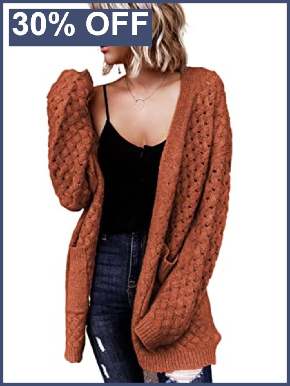 Women's Open Front Cable Knit Cardigan Sweater with Pockets Long Sleeve